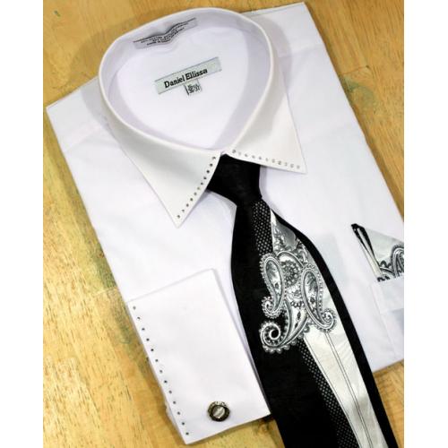 Daniel Ellissa Solid White With Crystals Shirt/Tie/Hanky Set With Free Cuff Links DS3746P2